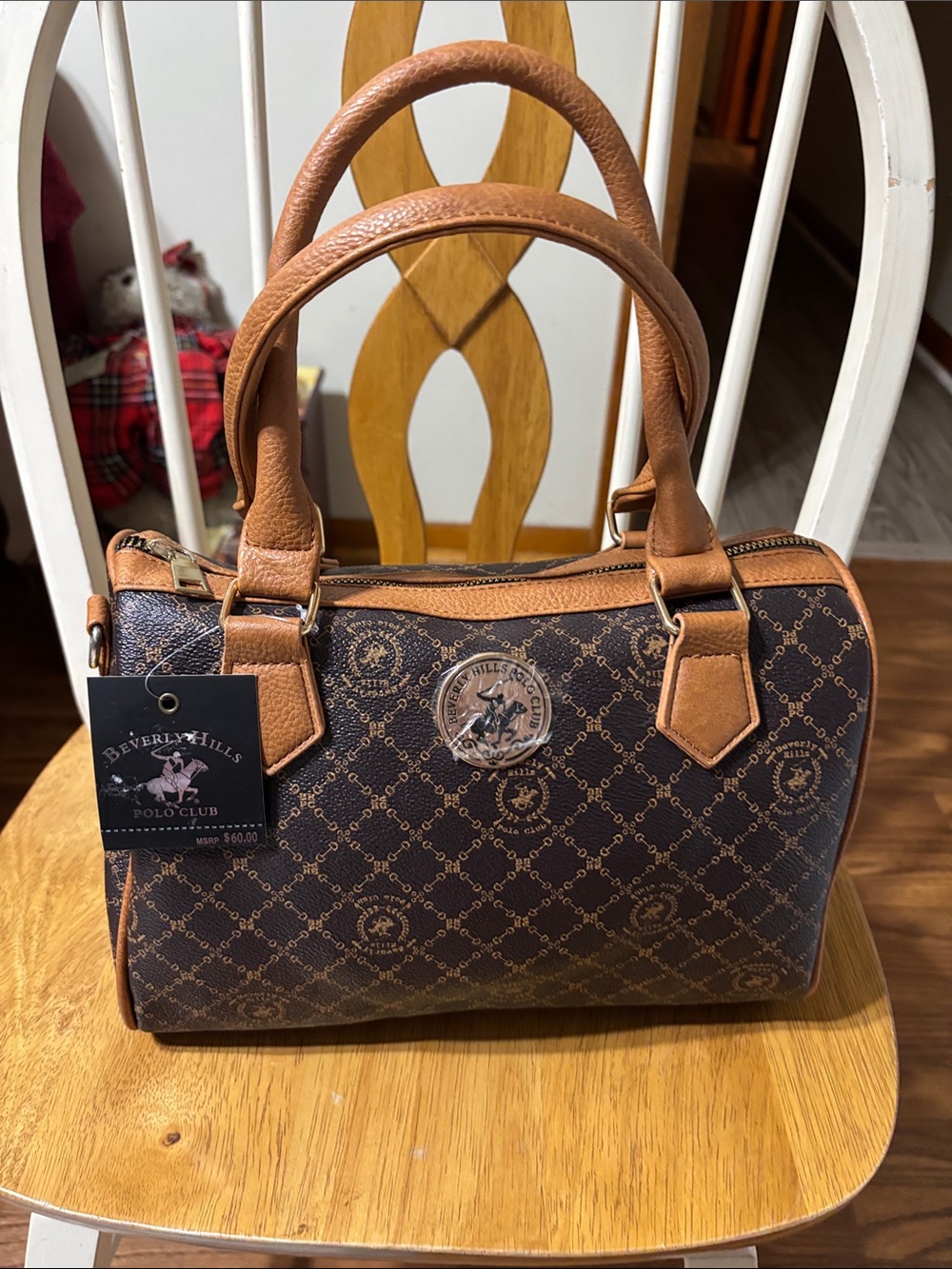NWT Beverly Hills Polo Club Brown Monogram Satchel with Tan Trim